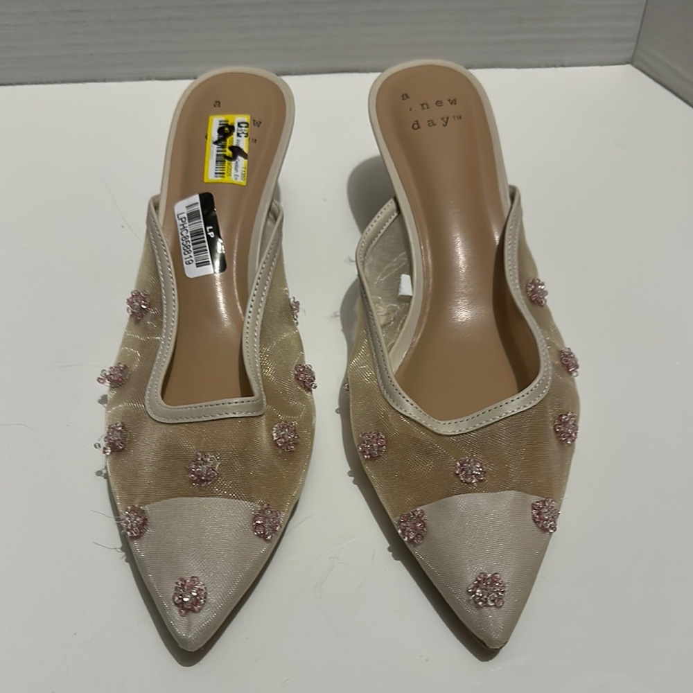 a new day Cream and Pink Embellished Pointed-Toe Mules
